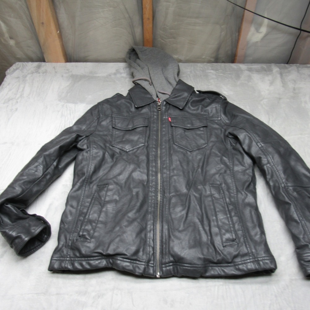 Levis Trucker Jacket Mens Medium Gray Faux Leather Hooded Full Zip Lined WARM